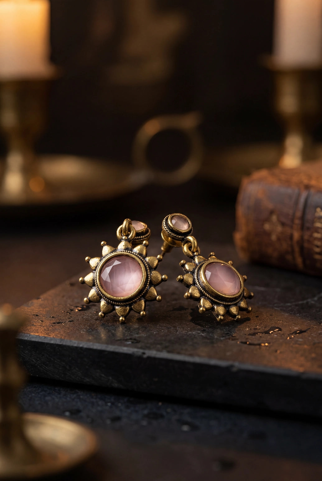 Pink Gold-Tone Antique Style Sunflower Drop Fashion Earrings for Women