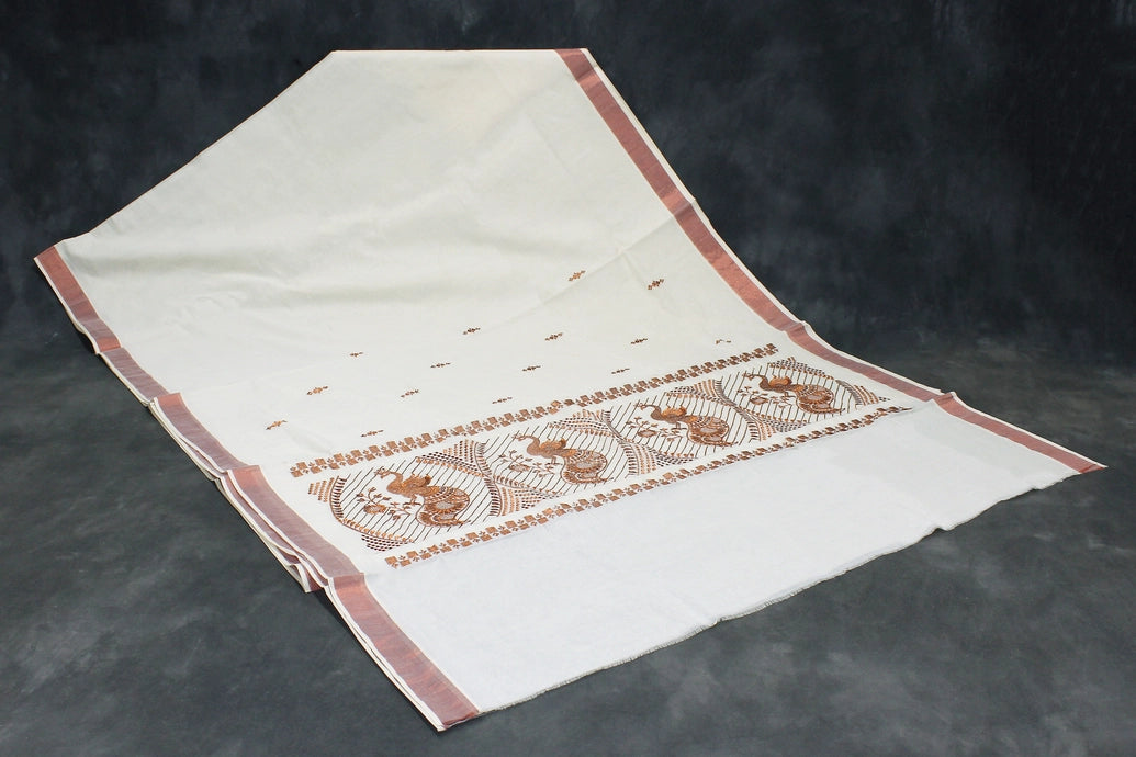 White Kerala Cotton Saree with Copper Zari Peacock Embroidery and Copper Border