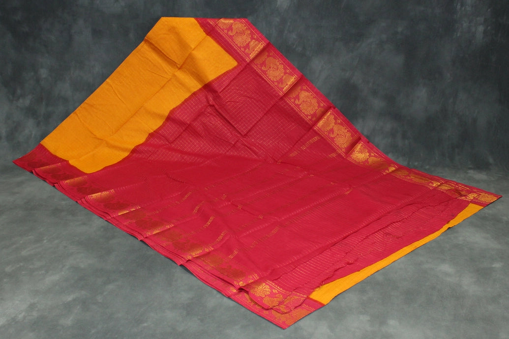 Sungudi Cotton Checked Saree in Yellow with Peacock Gold-Tone Zari Double Border Saree JCS Fashions