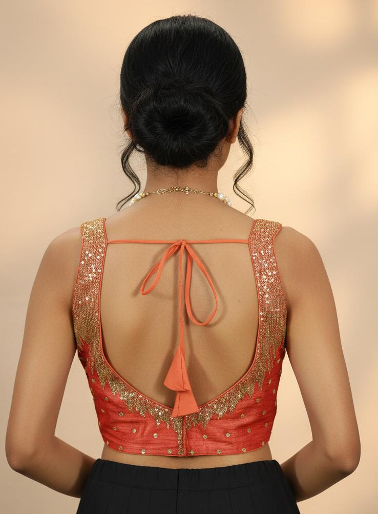 Orange Sequined Padded Ready Made Sleeveless Blouse with Back Tie Knot, V Neckline for Women