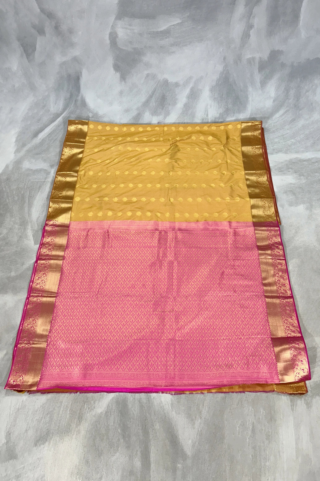 Sandal Soft Silk Saree with Delicate Gold Zari Buttas and Floral Border, Matching Blouse