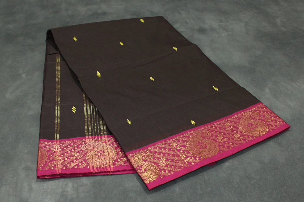Dark Brown Poly Cotton Saree with Gold Zari Border and Butta Motifs Saree JCS Fashions