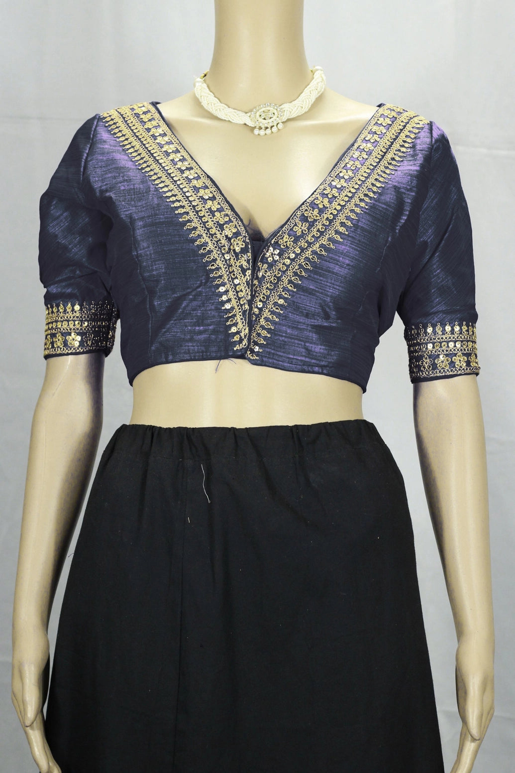 Dark Navy Blue Readymade Designer Padded Blouse with Gold Zari & Sequin V-Neck, Elbow Sleeves, Back Knot