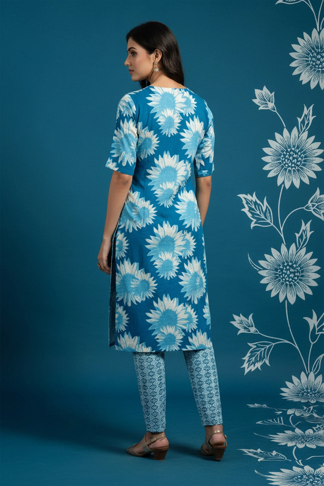 Sky Blue Floral Cotton Kurti with Elastic Pant - 2 Piece Set with Lace & Button Details