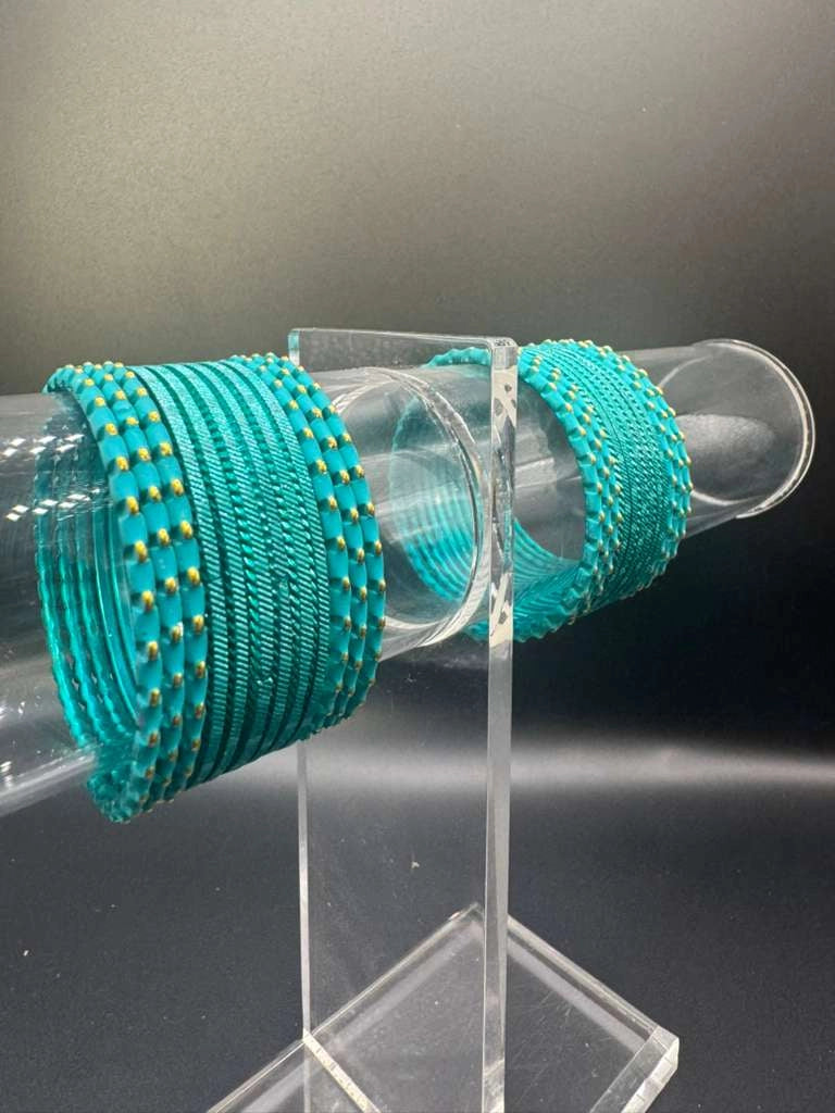 Kids Light Blue Beaded Metal Bangles Set of 24, Traditional Ethnic Wear for Girls