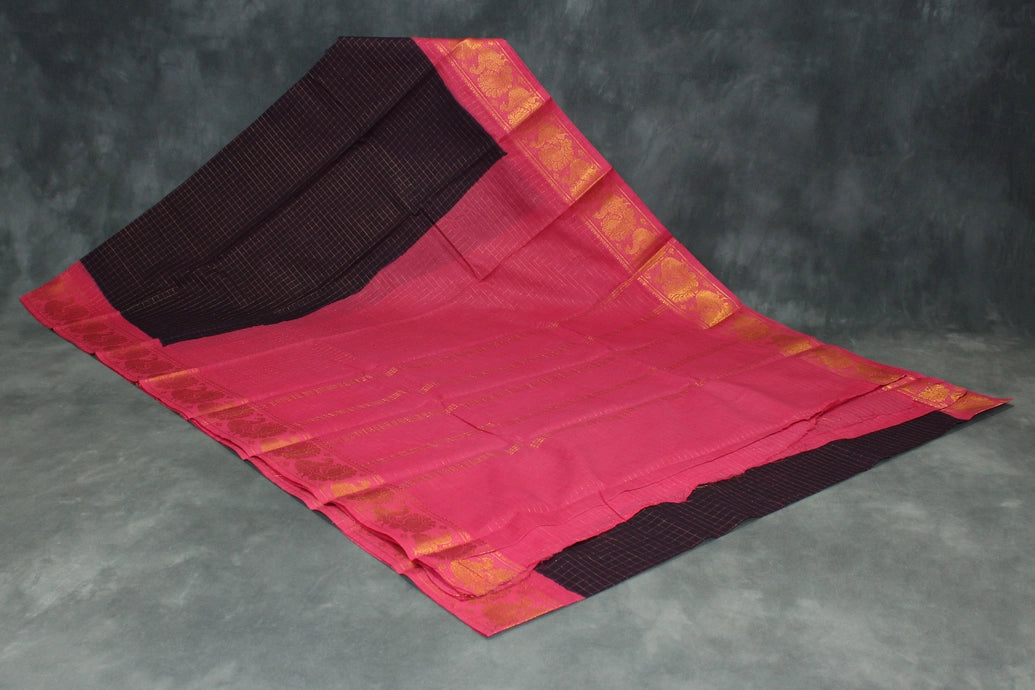 Dark Purple Sungudi Cotton Saree with Pink Peacock Gold Zari Double Border Saree JCS Fashions