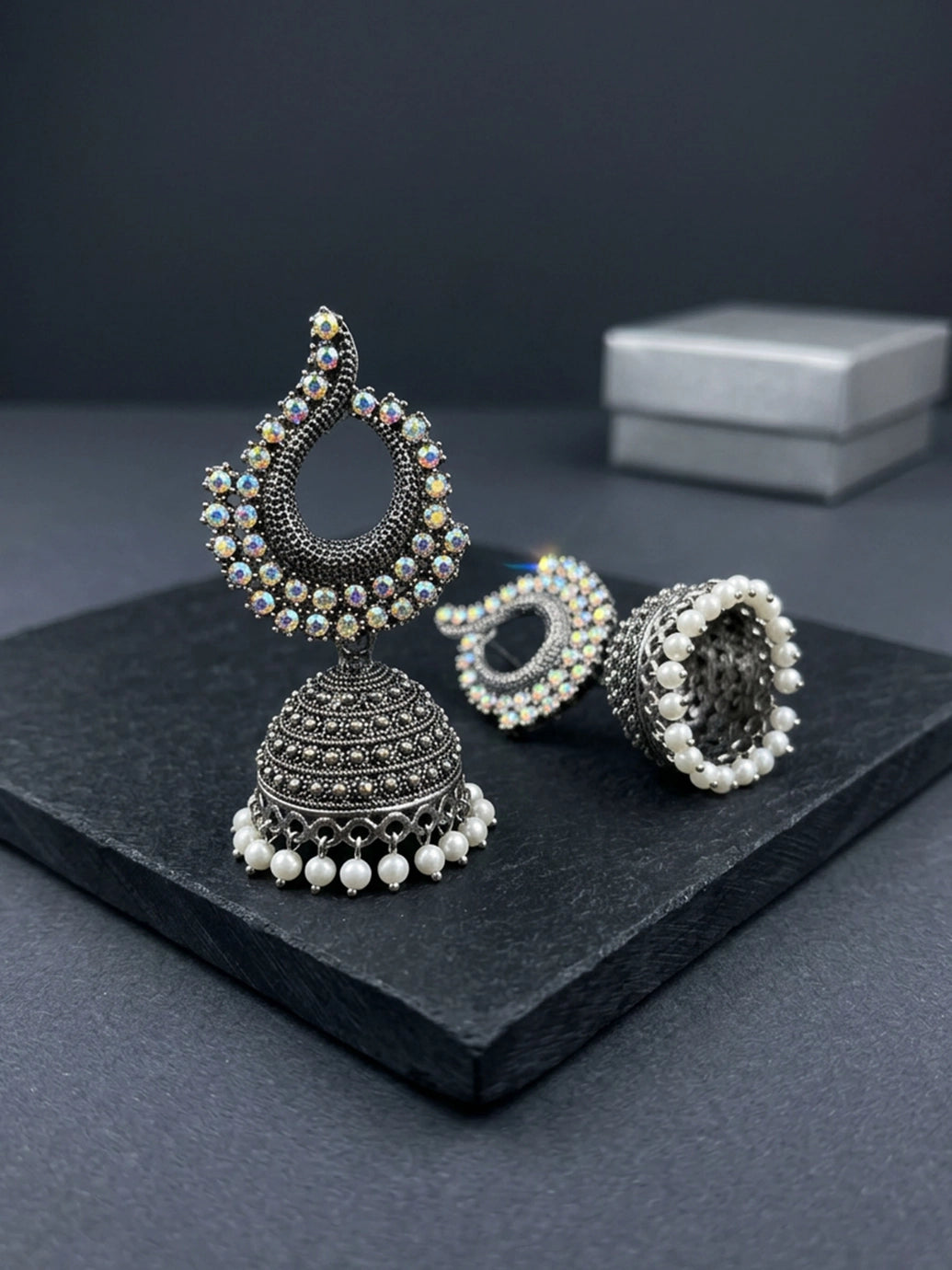 Oxidized Silver Jhumka Earrings with Teardrop Stud and White Stone Bead Dangler, Traditional Party Wear for Women