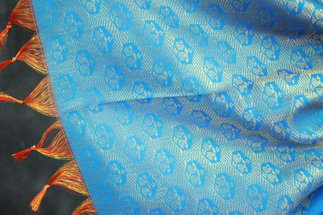 Blue Ponnadai Poly Silk Jacquard Temple Shawl with Zari Pattern & Tassels | Traditional 2m Function Dupatta
