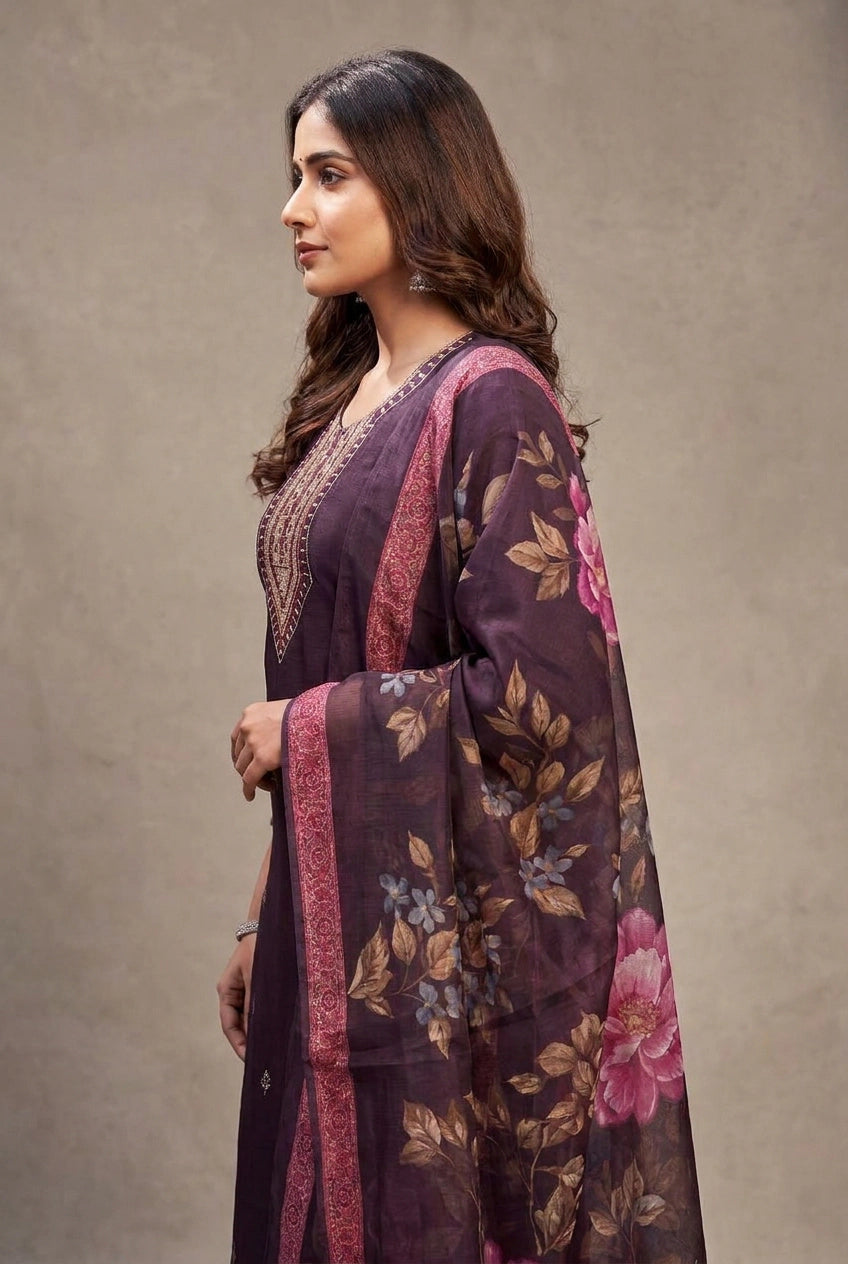 Purple Roman Silk 3-Piece Kurti Set with Elastic Pant and Zari-Sequence Organza Digital Dupatta