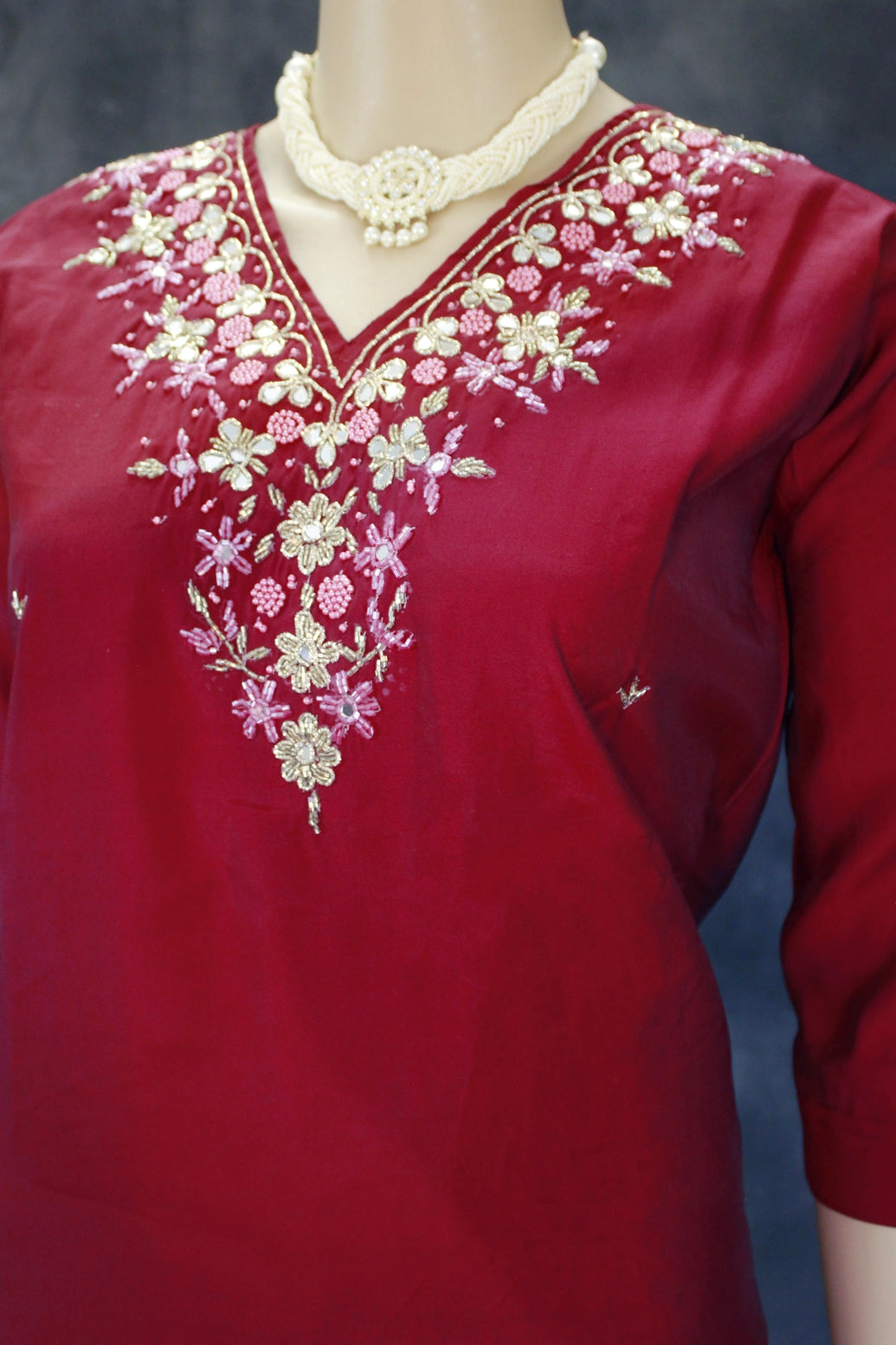 Maroon Silk 3-Piece Salwar Suit - Aari, Mirror & Pearl Embroidery with Organza Printed Dupatta