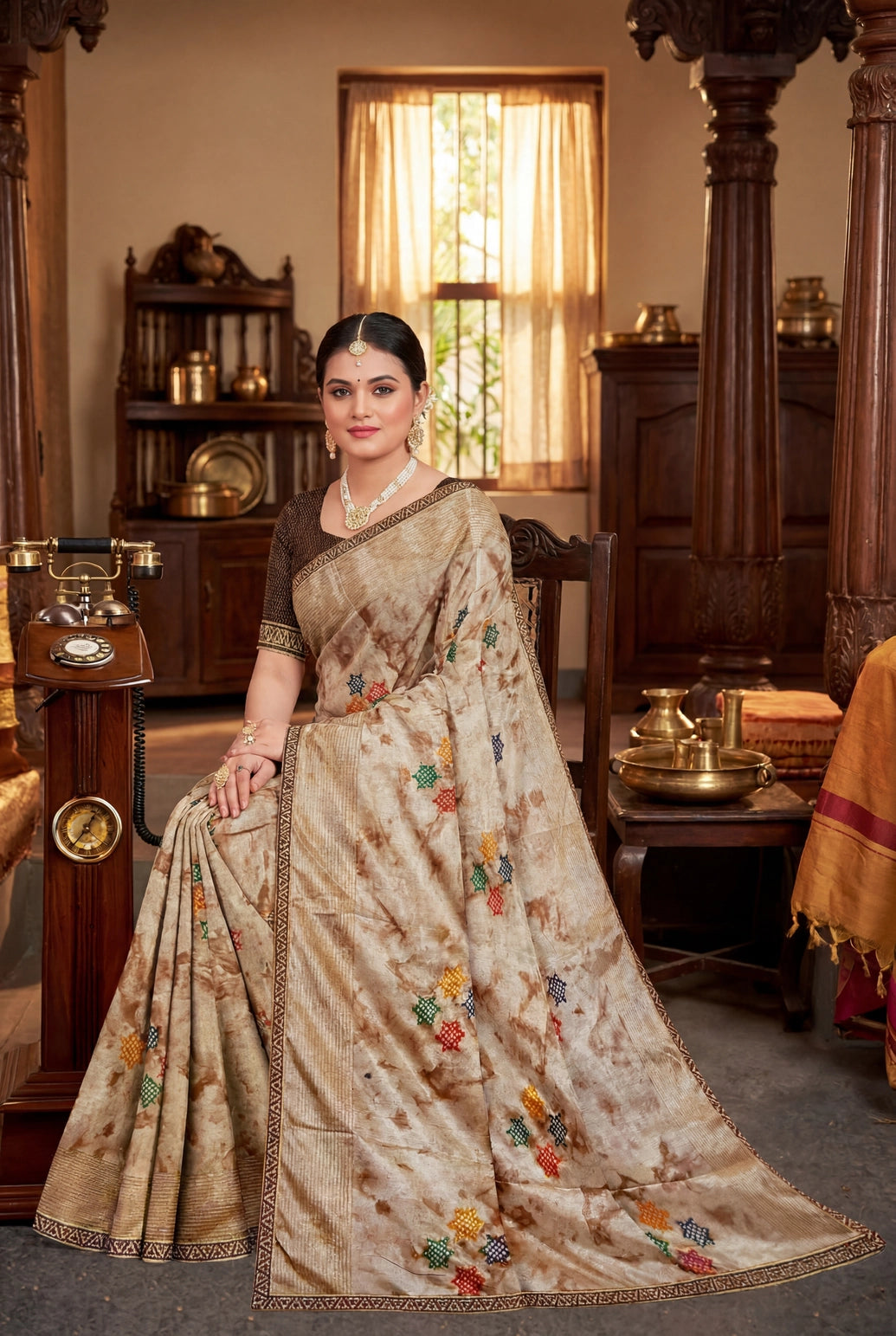 Brown Chiffon Fancy Tie-Dye Saree with Star Motifs and Shimmer Striped Border with Blouse