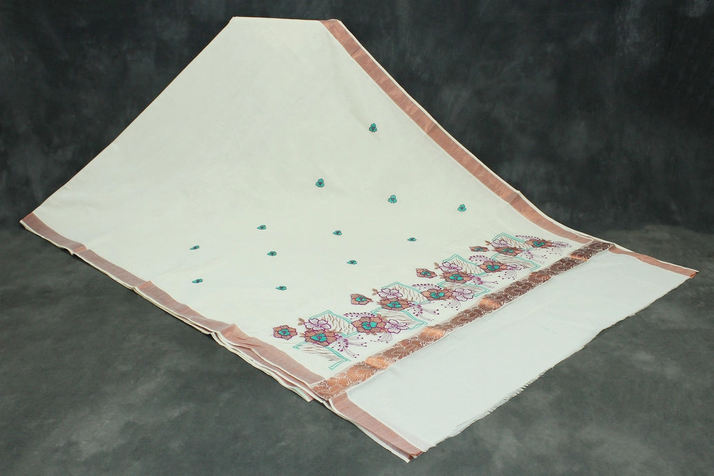 Pure Kerala Cotton White Saree with Copper Zari Floral & Peacock Embroidery