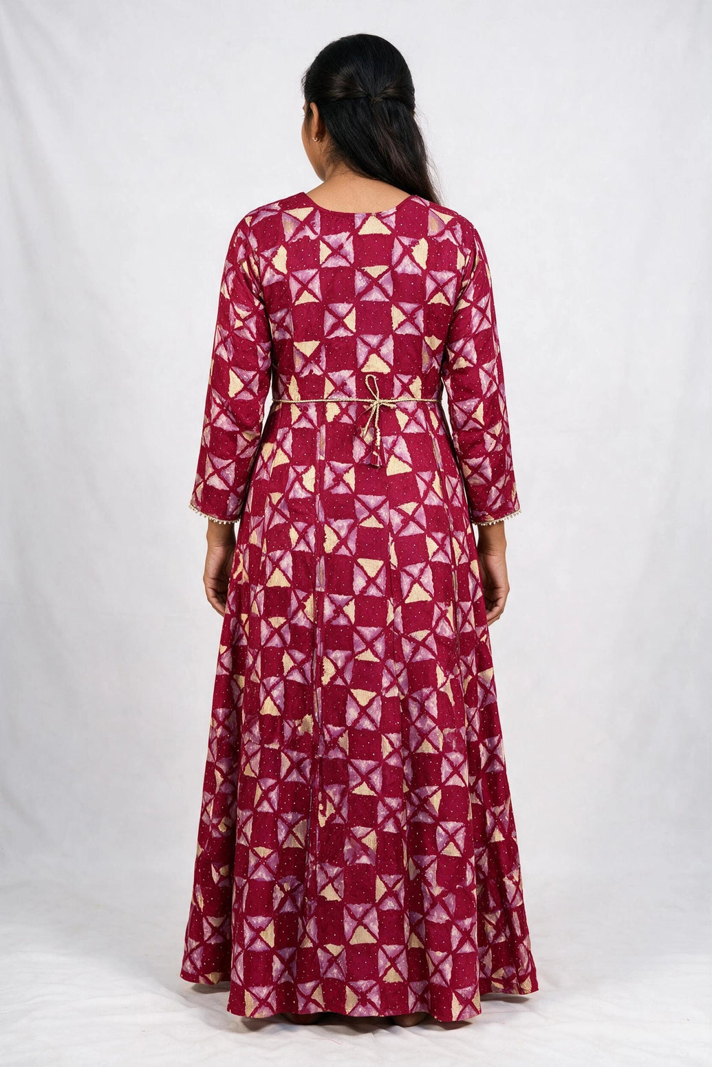 Rani Pink Rayon Anarkali Kurti With Floral Print & Stone Work, Round Neck, 3/4 Sleeves for Women