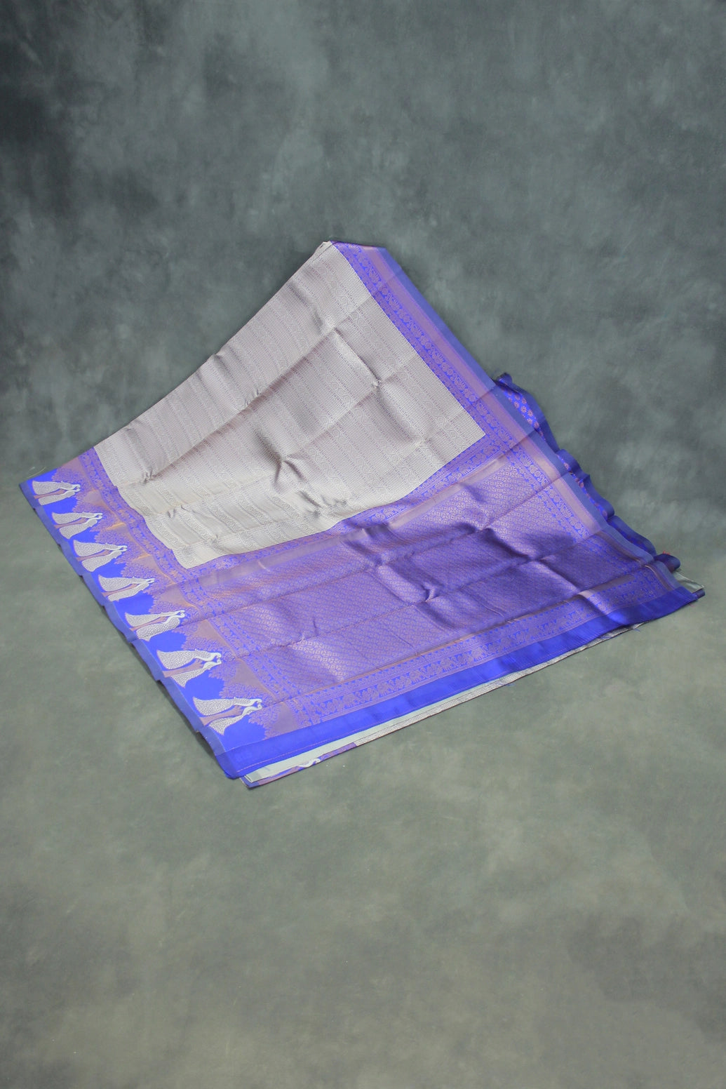 Kubera Pattu Saree with Peacock Border and Blouse, Light Grey Semi Silk