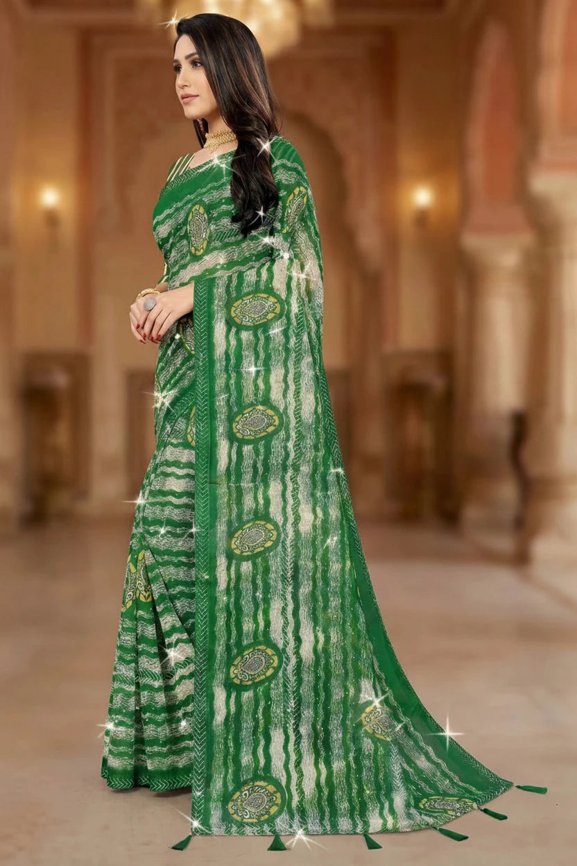 Green Georgette Saree with Contrast Border, Jasmin Zomato Print and Striped Floral Motifs
