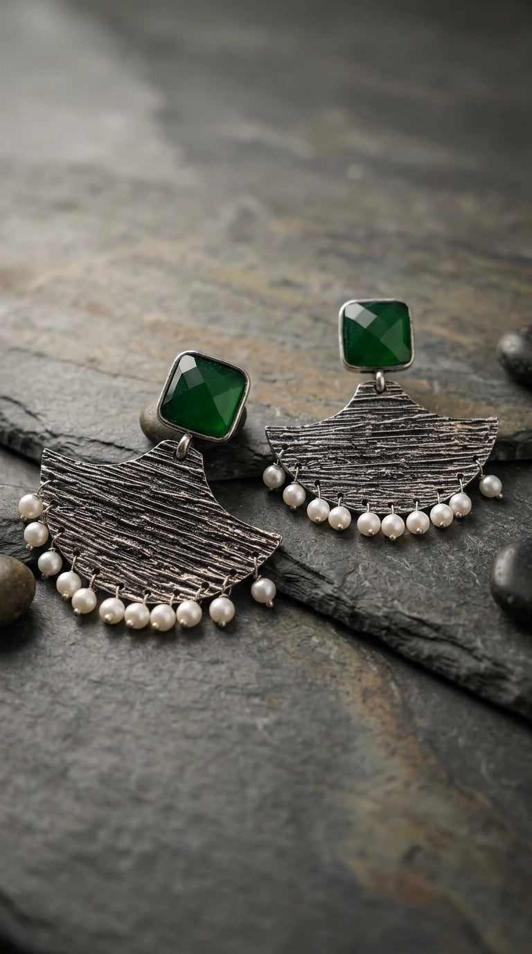 Green Stone Textured Triangle Dangle Earrings with Pearl Drops for Festive Party Wear