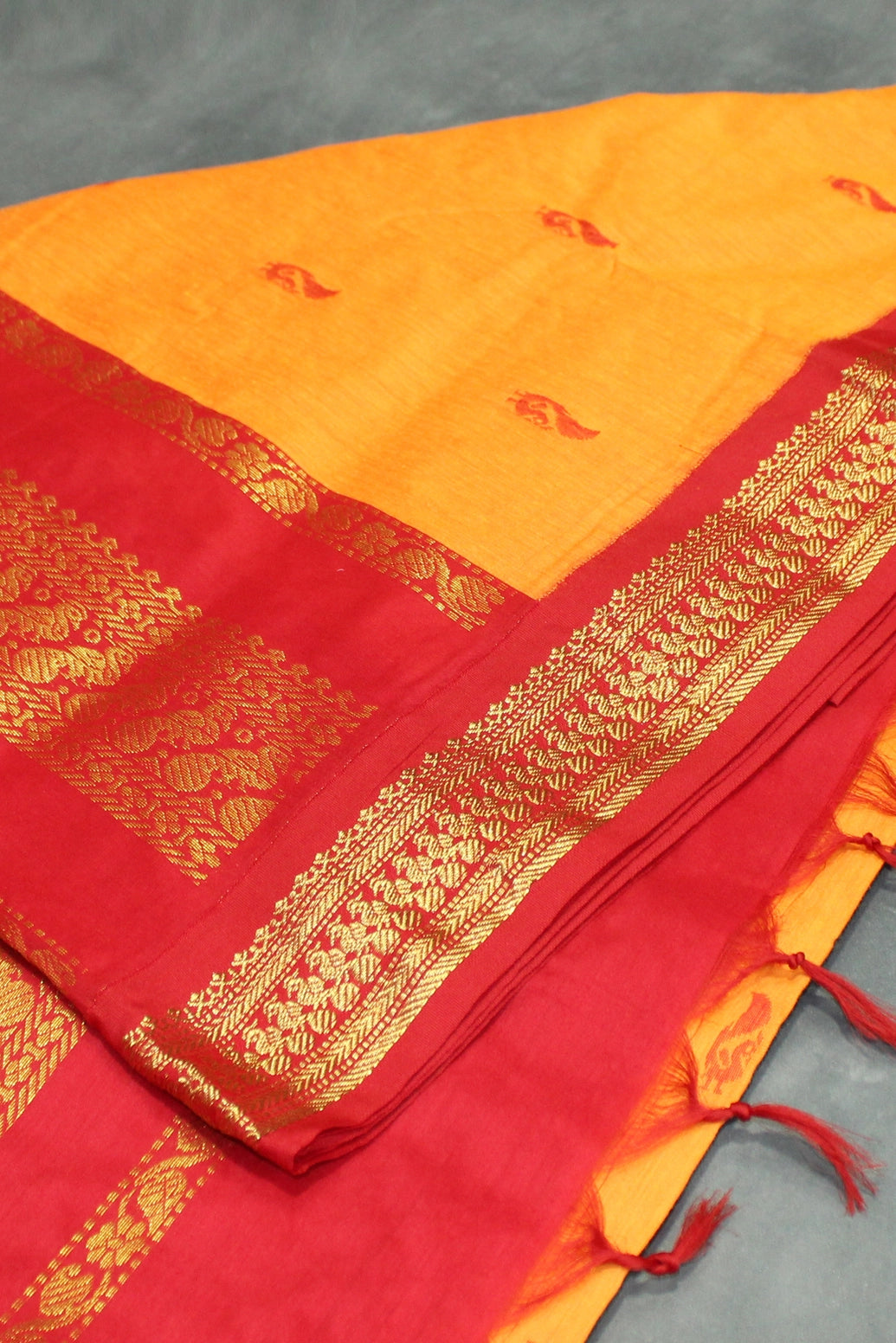 Kalyani Cotton Saree with Zari Border and Putta Designs, Traditional Orange Body with Red Pallu, Blouse Included Saree JCS Fashions