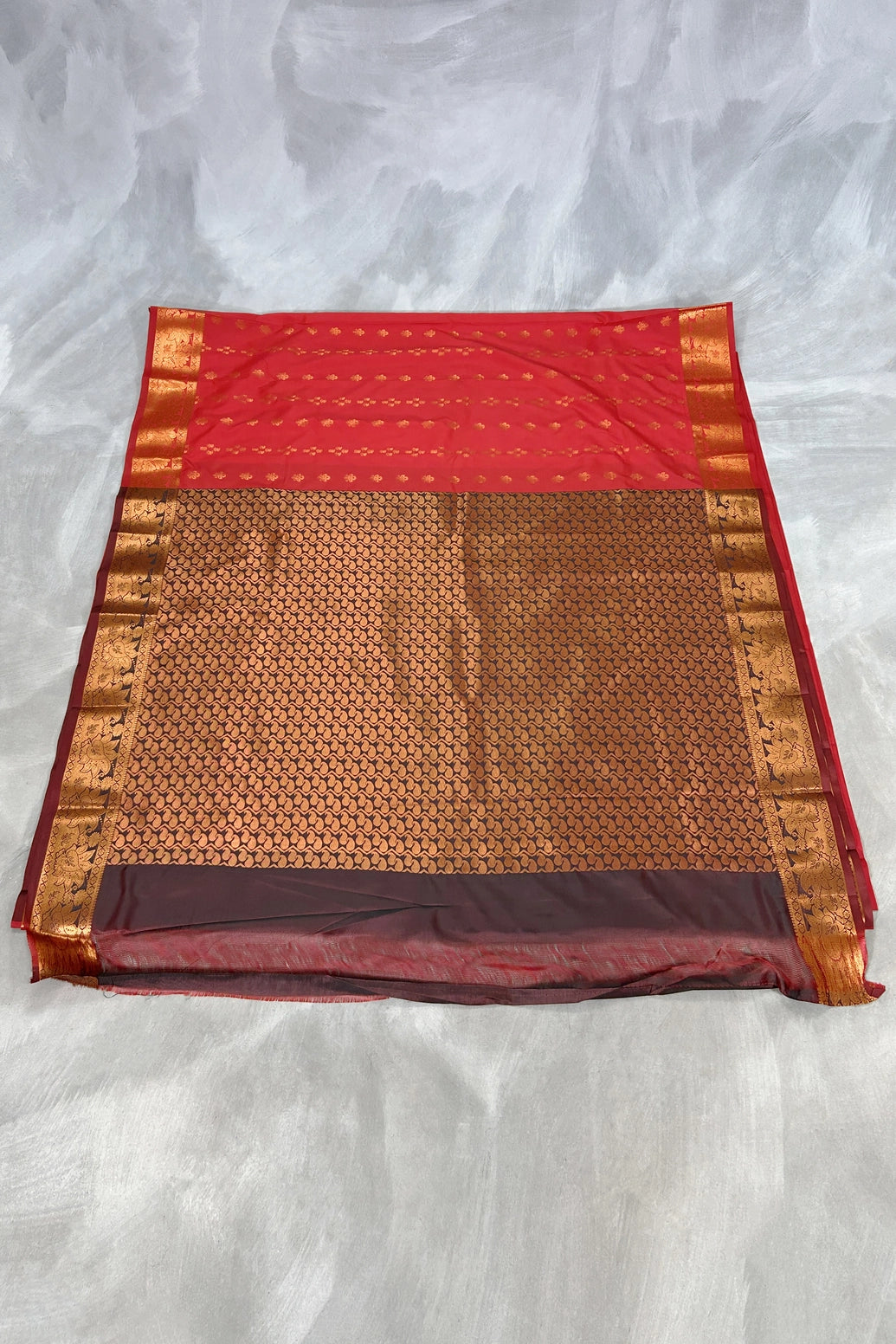 Red Soft Silk Saree with Korvai Border and Delicate Gold Zari Buttas, Traditional Floral Zari Border