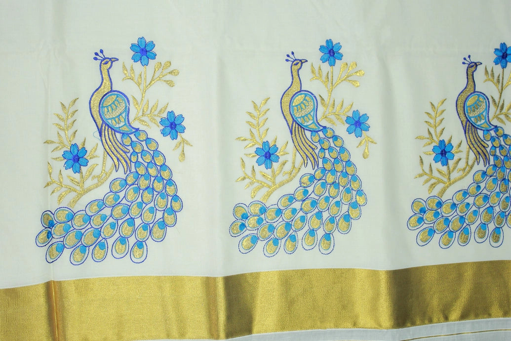 Half White Cotton Kerala Peacock Embroidery Saree with Golden Zari Border and Thread Work