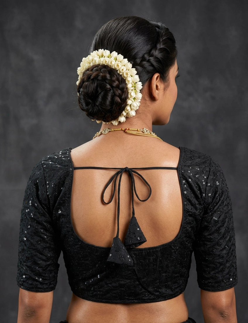 Black Readymade Designer Padded Blouse with Brocade Sequin Work, Elbow Sleeve & Back Knot