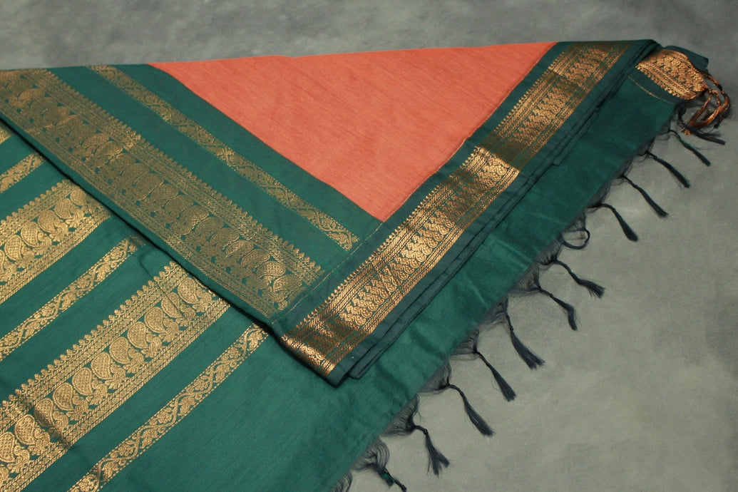 Burnt Orange Kalyani Cotton Saree with Puthha Design and Zari Border and Blouse