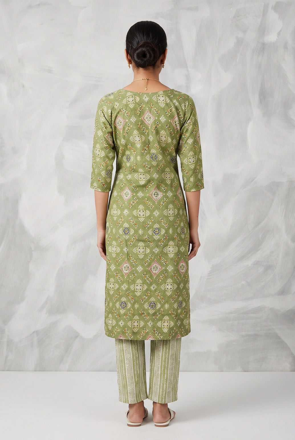 Olive Green Rayon 2-Piece Kurti Set with Elastic Pant, Geometric Foil Print, Round Neck, 3/4 Sleeves