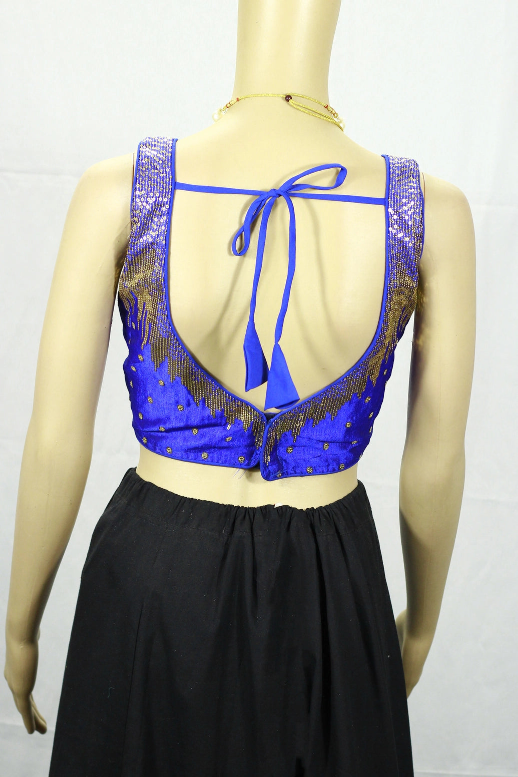 Bright Royal Blue Zari Embroidered Padded Designer Blouse, Sleeveless with Back Knot