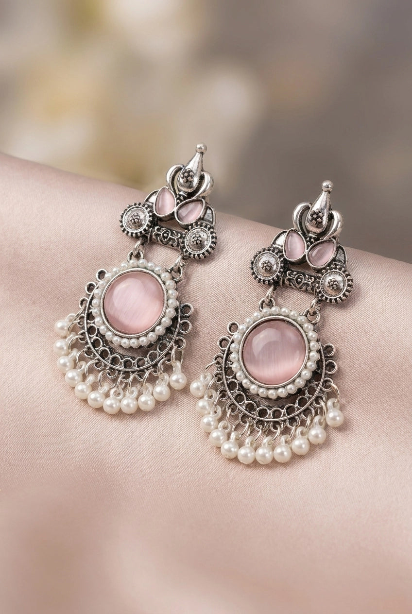 Oxidized Silver-Tone Onion Pink Stone Drop Earrings with Pearl Fringe, Floral Motifs for Traditional Wear