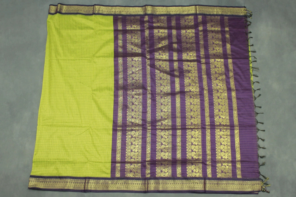 Green Kalyani Cotton Saree with Zari Checked & Peacock Border, Comes with Blouse