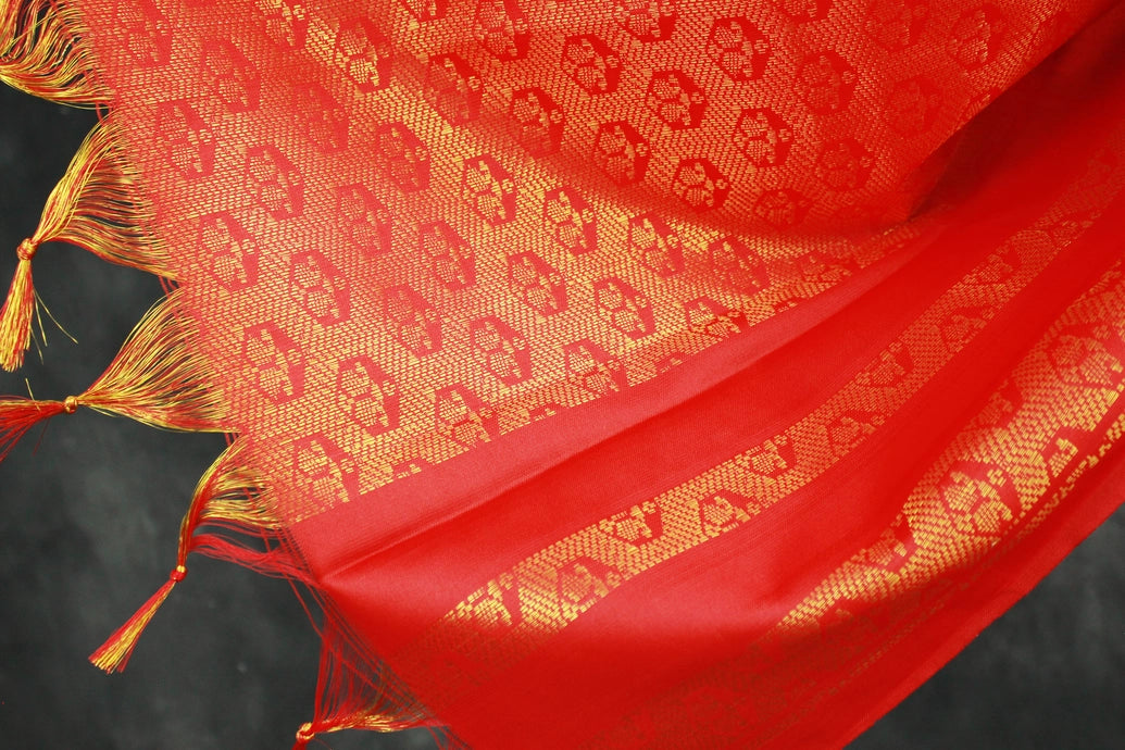 Red Ponnadai Poly Silk Jacquard Temple Shawl with Zari Pattern & Tassels | 2m Traditional South Indian Dupatta