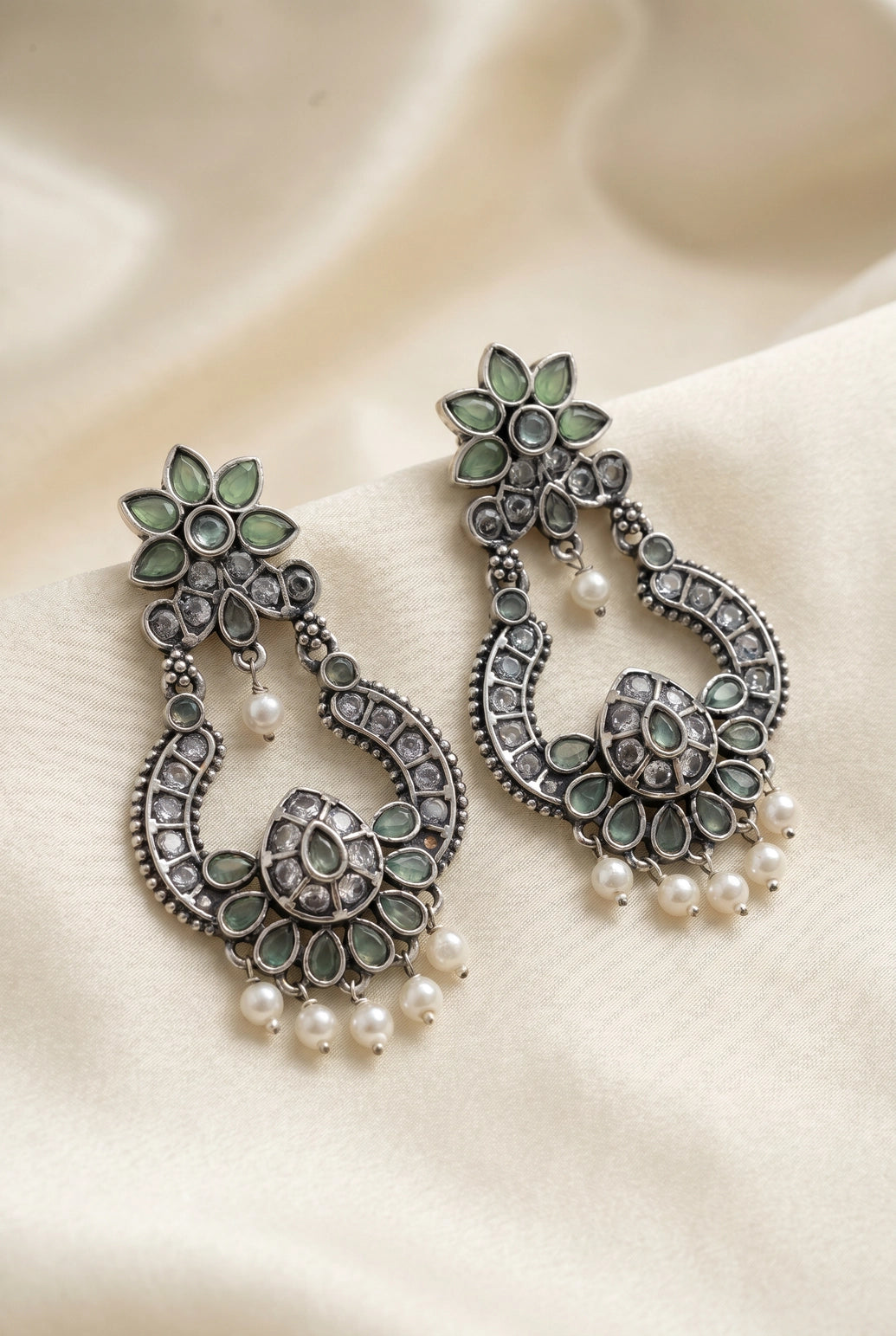 Mint Green Oxidized Silver Floral Drop Pearl Fashion Earrings for Women, Teardrop Stones, Jhumka Style