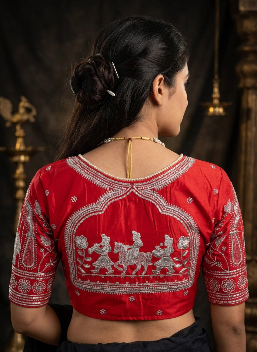 Red Readymade Designer Padded Blouse with Embroidery Silk Finish, Elbow Sleeve, Fully Stitched