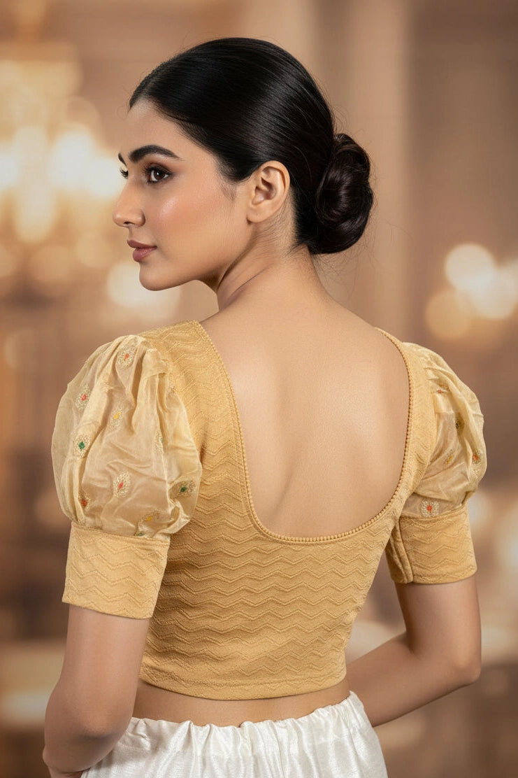 Sandal Colour Readymade Designer Stretch Blouse with Puff Sleeves and Zari Motifs, Fully Stitched