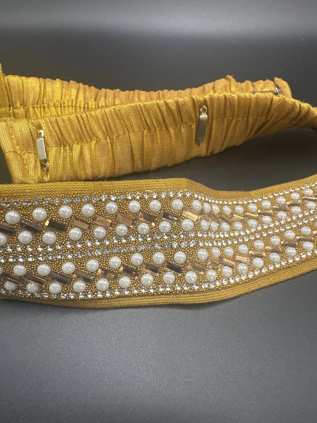 Gold-tone Embellished Pearl & Crystal Hip Belt - Elastic Adjustable Traditional Waistband for Saree and Lehenga Jewelry JCS Fashions