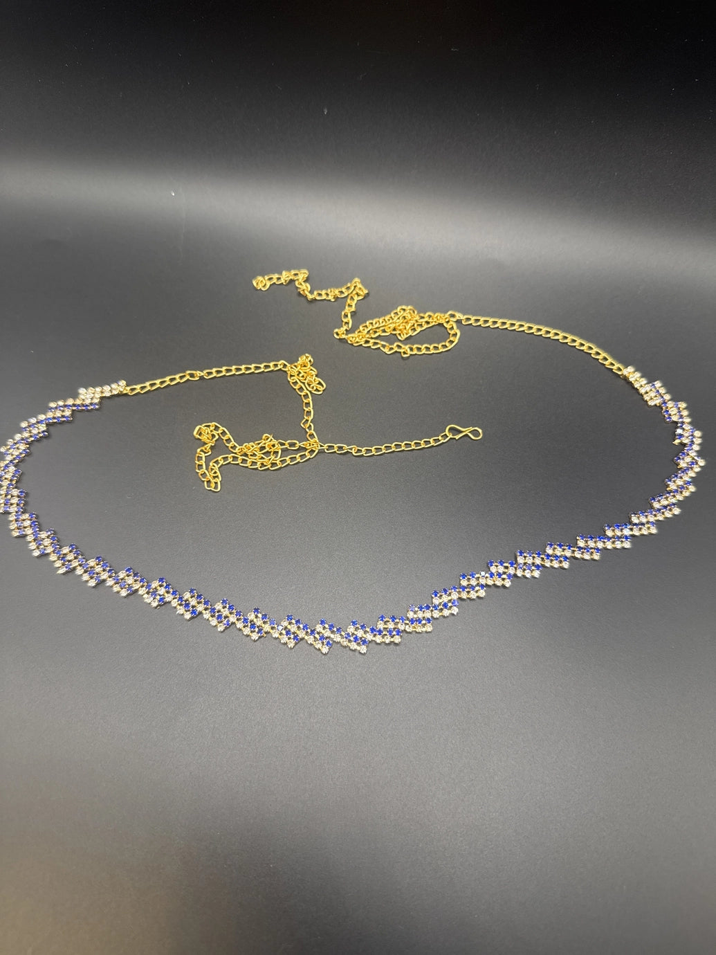 Gold-Tone Blue Crystal Zigzag Hip Chain - Adjustable Waist Belt for Ethnic Wear Jewelry JCS Fashions