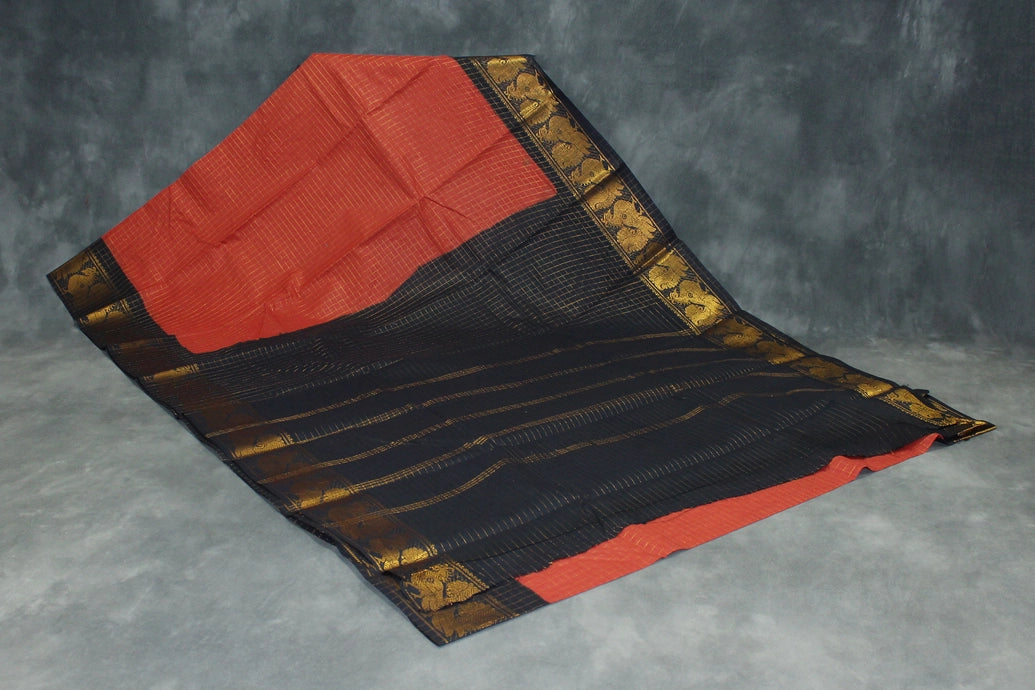 Sungudi Cotton Checked Saree with Peacock Gold Zari Double Border, Blouse Included - Chocolate Brown Saree JCS Fashions