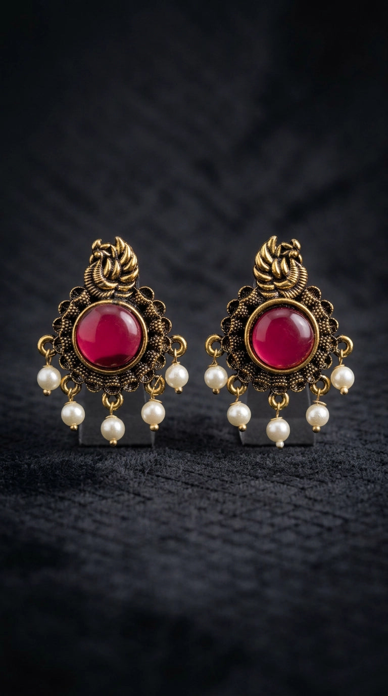 Red Stone & Pearl Drop Antique Gold-Tone Statement Earrings for Women, Traditional Ethnic Jhumka Style