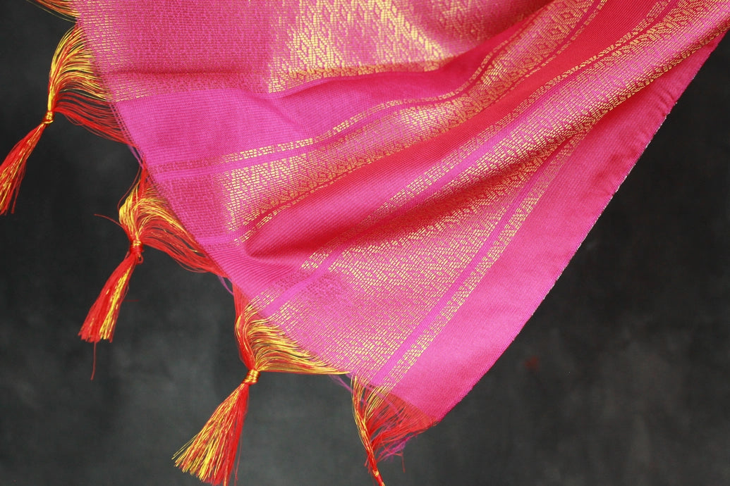 Magenta Pink Ponnadai Poly Silk Jacquard Temple Shawl with Zari Design and Tassels for Pooja & Functions