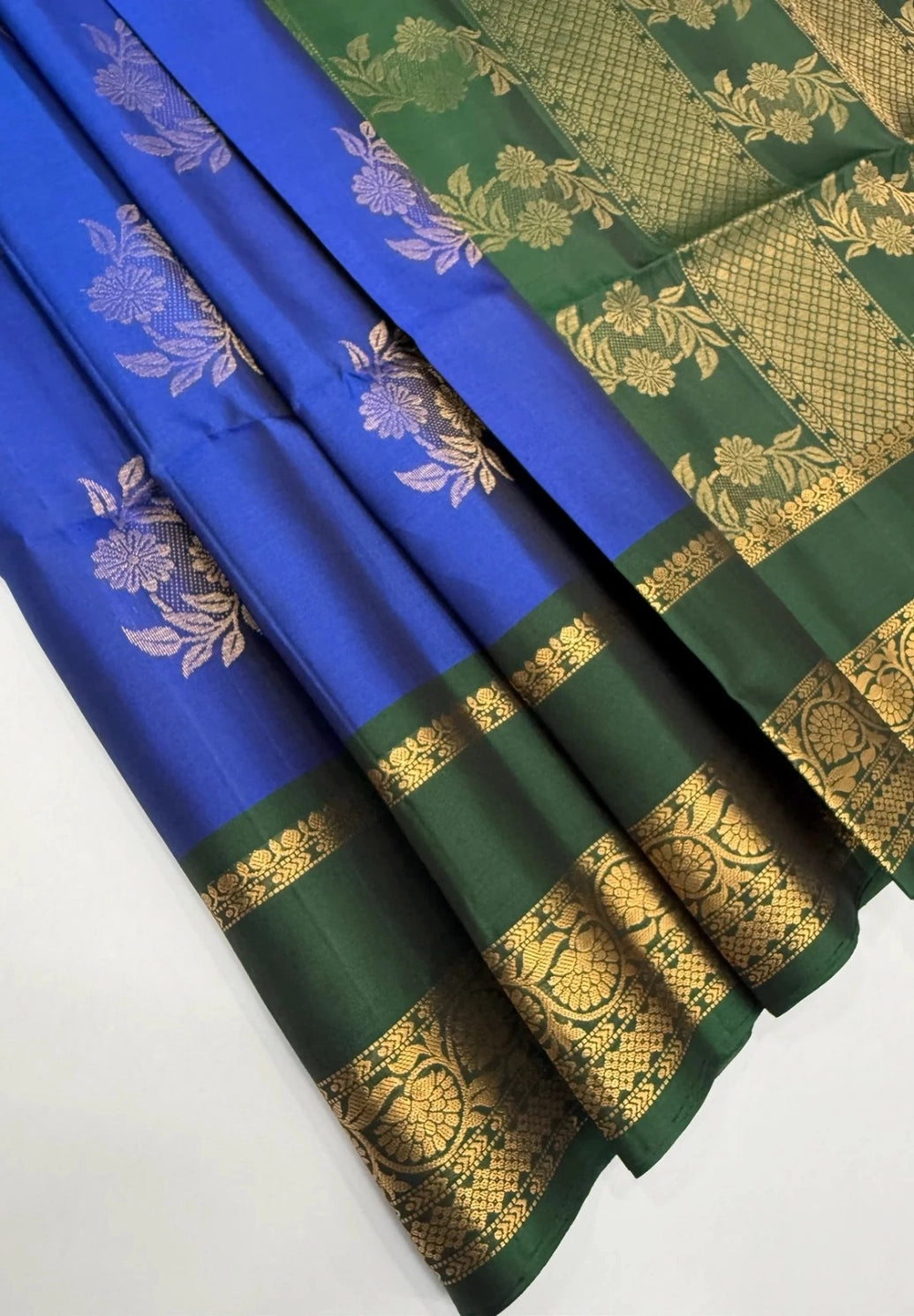 Olive Green & Blue Soft Silk Saree with Jacquard Border and Gold Tone Weave