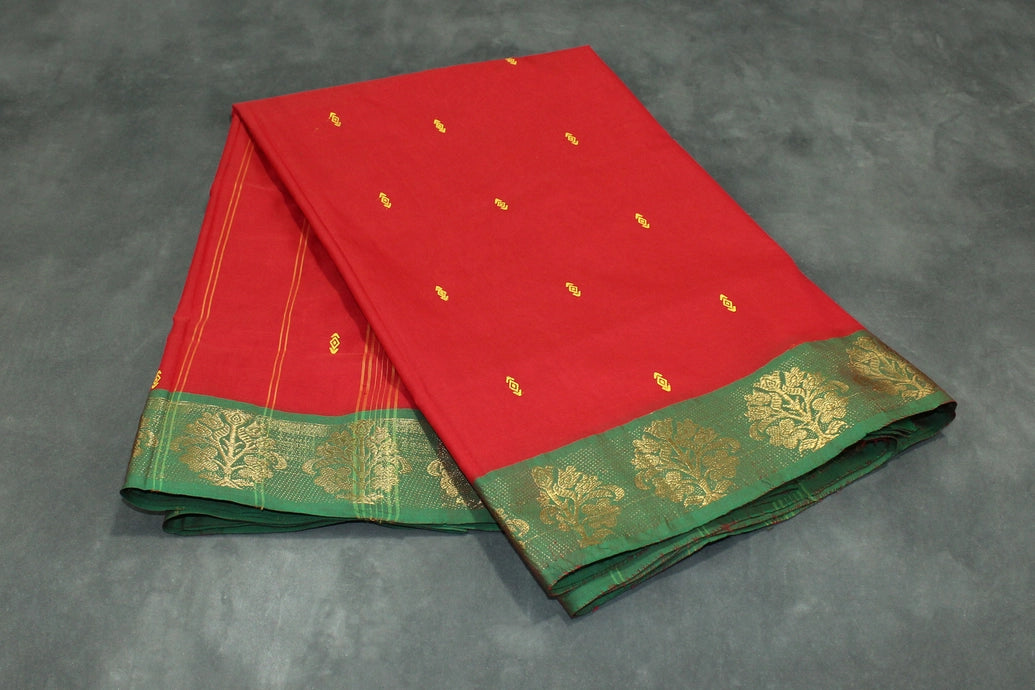 Red Poly Cotton Saree with Green Zari Floral Border and Gold Butta Motifs Saree JCS Fashions