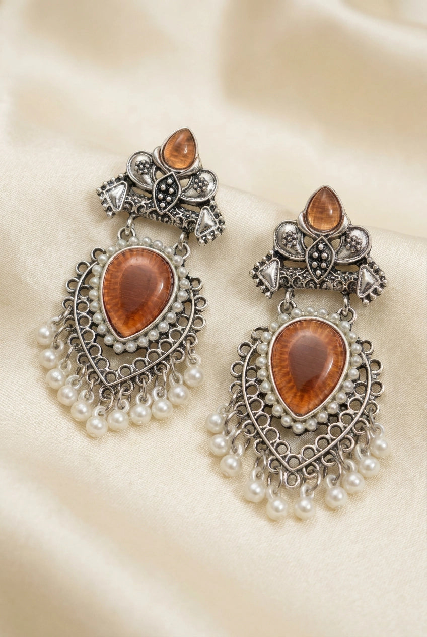 Peach Stone Oxidized Silver Drop Earrings with Pearl Chandbali Style for Women