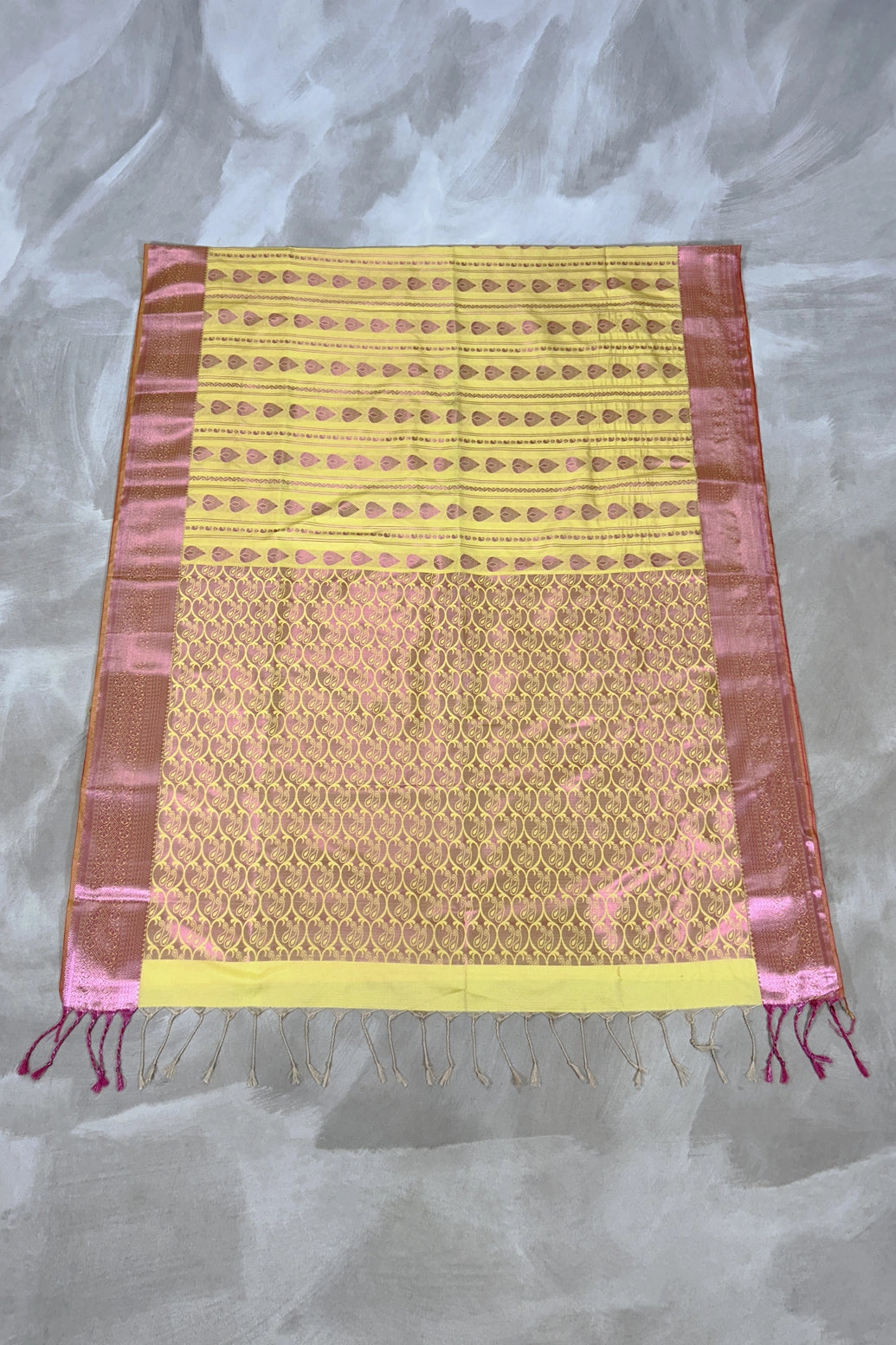 Yellow Korvai Soft Silk Border Saree with Delicate Gold Zari Buttas and Traditional Floral Zari Border