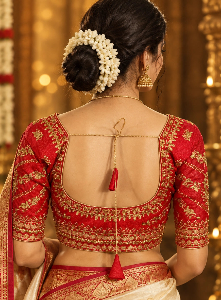 Red Zari Work Padded Designer Blouse with U-Neckline, Butta Floral-Vine Embroidery and Elbow Sleeves