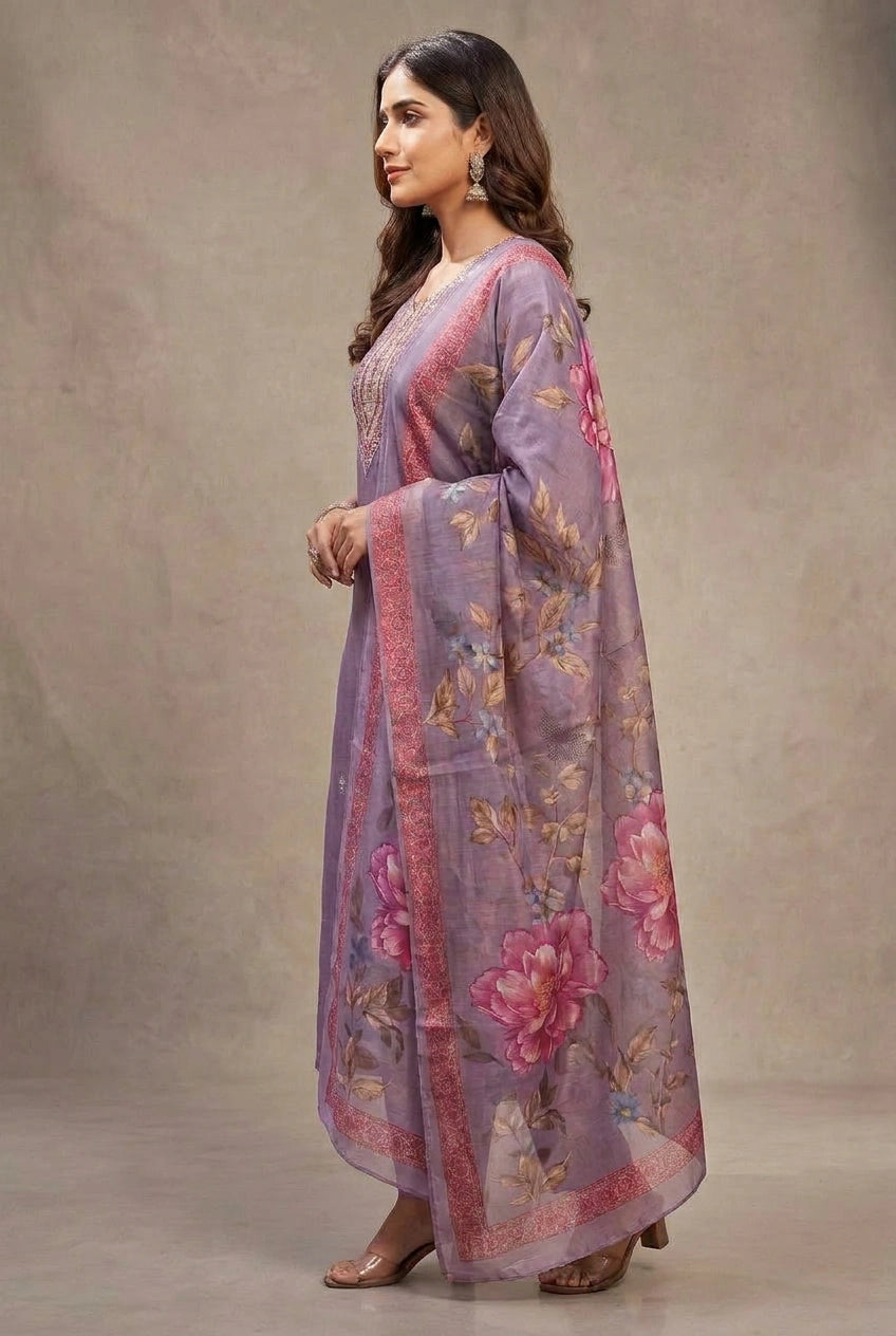 Lavender Roman Silk 3-Piece Kurta Set with Elastic Pant and Organza Digital Dupatta, Zari-Sequence Neck Design