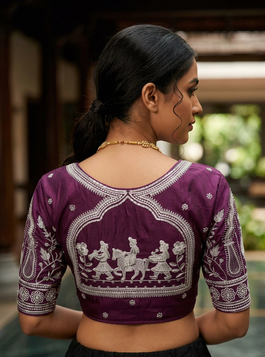 Purple Readymade Designer Padded Silk Blouse with Embroidery, Fully Stitched, Elbow Sleeve