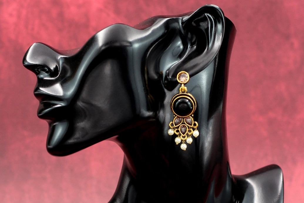 Black Gold-Tone Antique Pearl Drop Earrings for Traditional Indian Wear Jewelry JCS Fashions