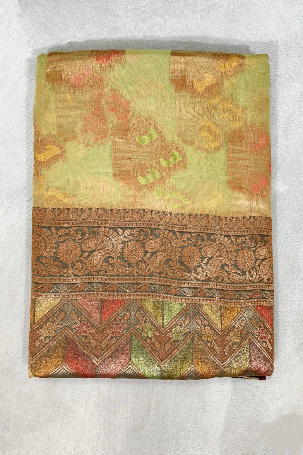 Green Cotton Oraganza Designer Saree with Grand Pallu, Zari Weaving Border & Blouse Piece