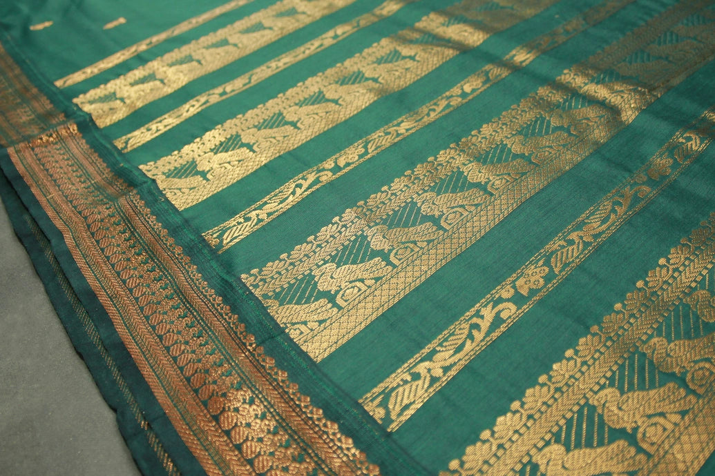Green Kalyani Cotton Saree with Putta Design and Zari Border, Includes Blouse