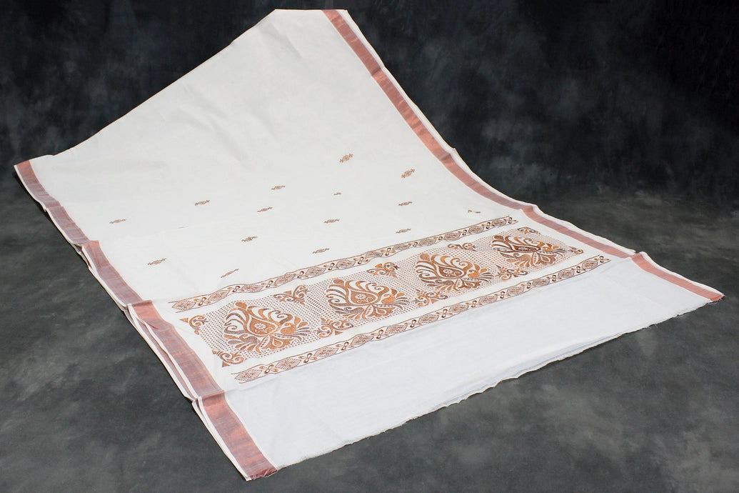 Pure Kerala Cotton White Saree with Copper Zari Peacock & Leaf Embroidery