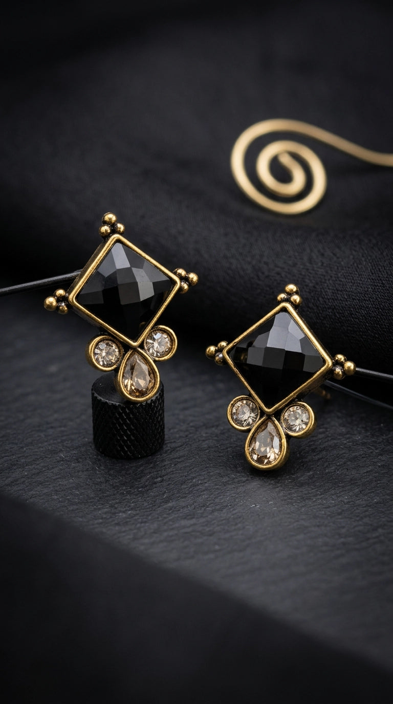 Black Stone Square Drop Stud Earrings with Crystal Teardrop Accents, Gold-Tone Ethnic Fashion Jewellery